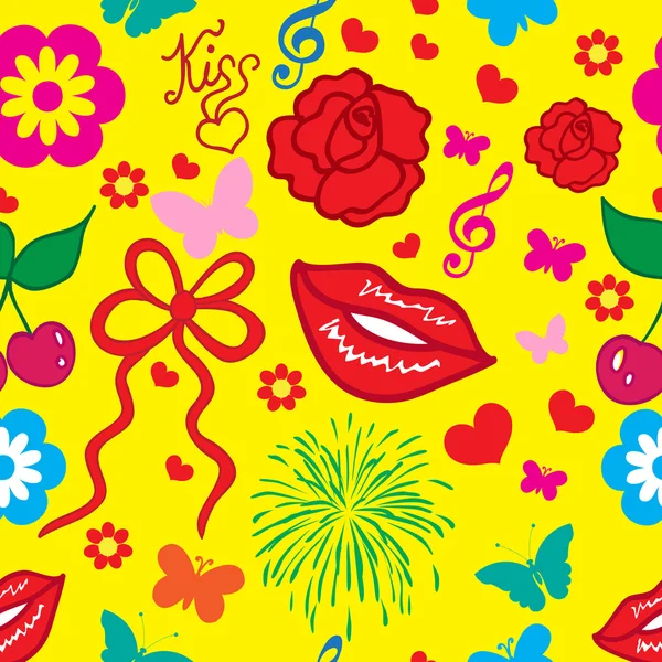 Süße Liebe, Lippen, Blumen nahtlose Textur Vektor Illustration — Stockvektor