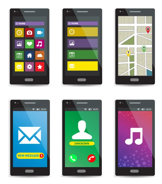 Set di moderni smartphone touchscreen con applicazioni su schermi isolati su sfondo bianco — Vettoriale Stock