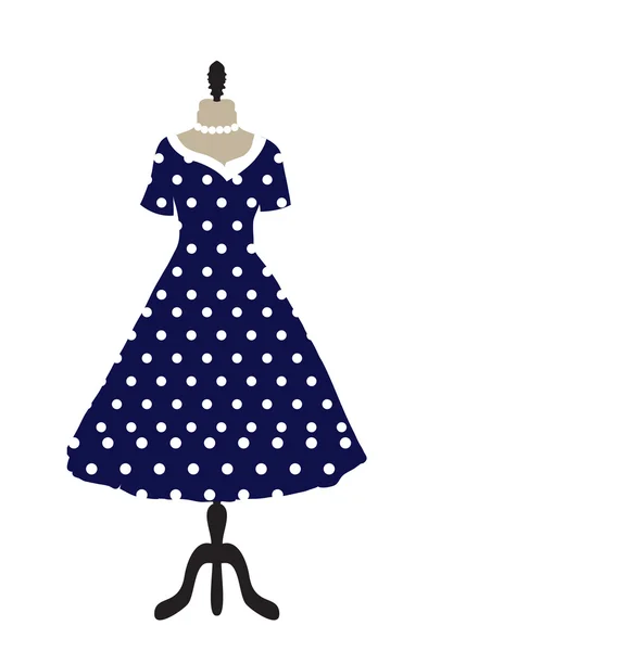 Retro-Kleid auf Kleiderbügel, gepunktetes Design, Tupfen, Handzeichnung. Mode, Stil Einladungskarte. Vektorillustration. — Stockvektor