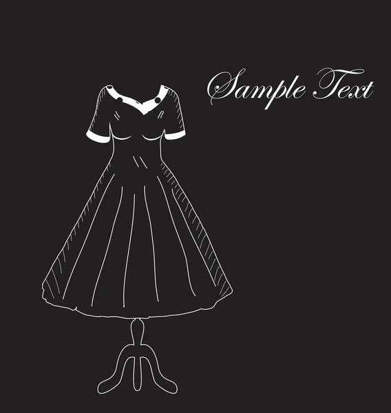 Retro klänning på en hängare på en svart bakgrund, hand ritning. Mode, stil inbjudningskort. Vektor illustration. — Stock vektor