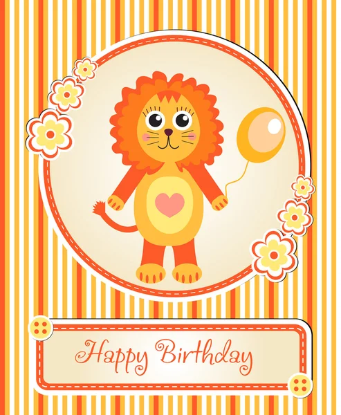 Greeting template cute children's birthday party, cartoon lion — Stock Vector