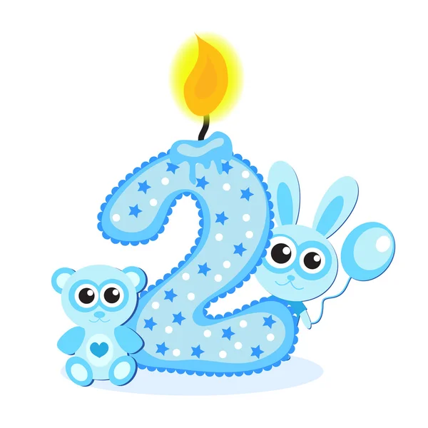 Щасливий другий день народження свічки і тварини ізольовані на білому. Номер два. Блакитна картка для хлопчика — стоковий вектор