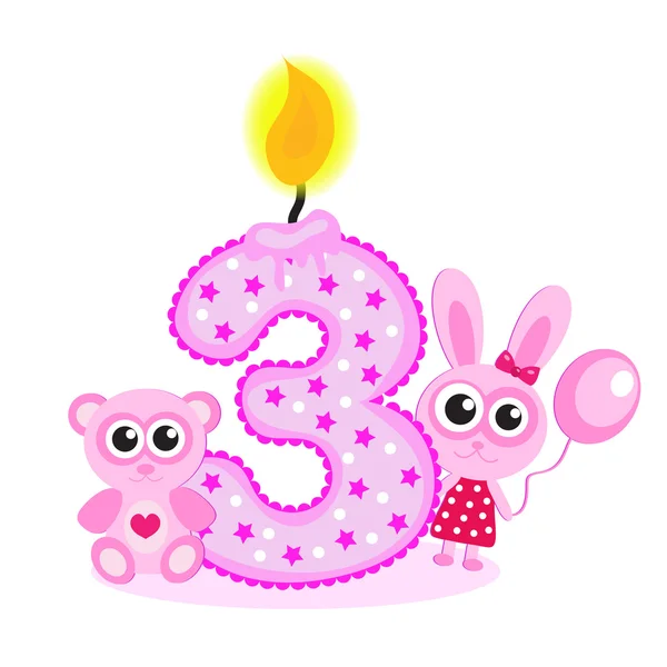 해피 제3의 생일 촛불과 흰색에 고립 된 동물들. 숫자 3 이요. 소녀들을 위한 분홍색 카드 — 스톡 벡터