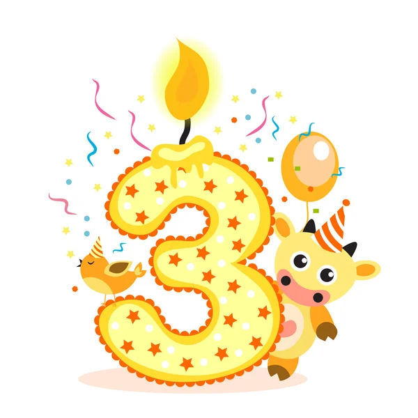 해피 제3의 생일 촛불과 흰색에 고립 된 동물들. 숫자 3 이요. 벡터 일러스트 — 스톡 벡터