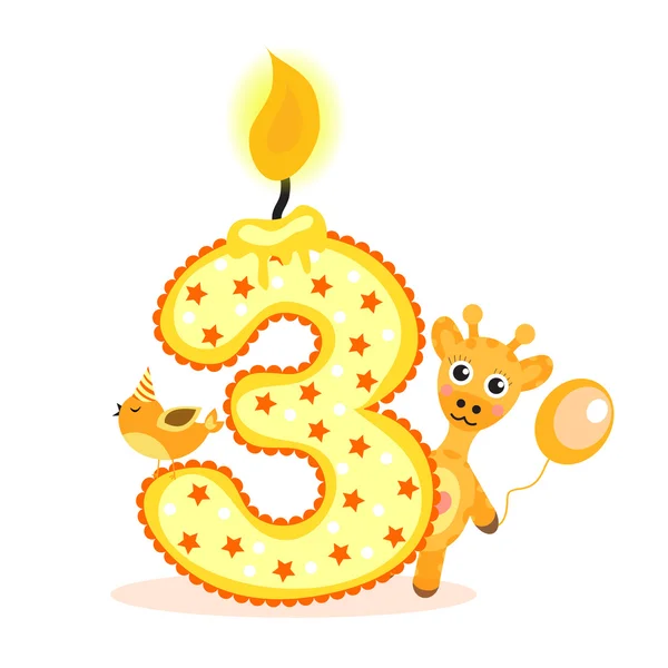 해피 제3의 생일 촛불과 흰색에 고립 된 동물들. 숫자 3 이요. 벡터 일러스트 — 스톡 벡터