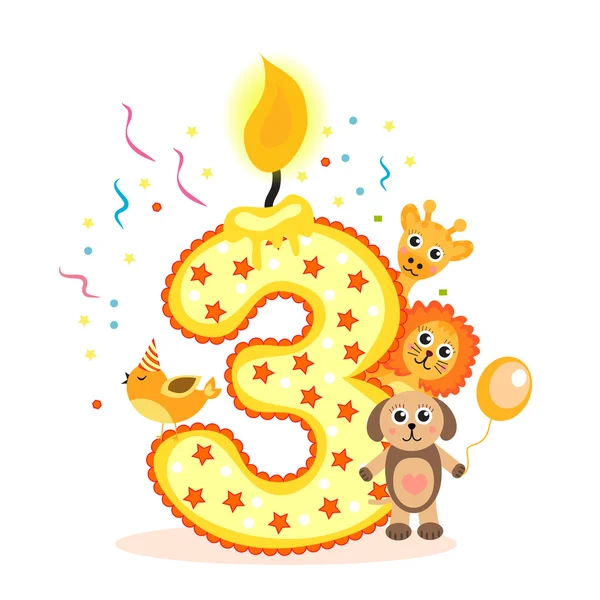 Щасливі третього дня народження свічки і тварини ізольовані на білому. Номер три. Векторні ілюстрації — стоковий вектор