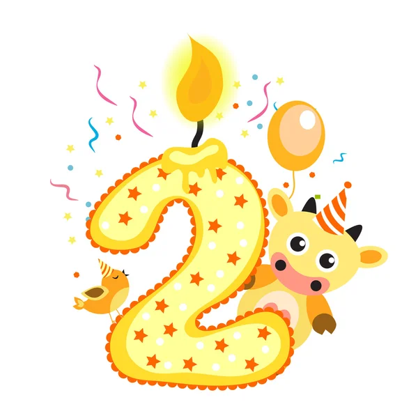 Щасливий другий день народження свічки і тварини ізольовані на білому. Номер два. Векторні ілюстрації — стоковий вектор