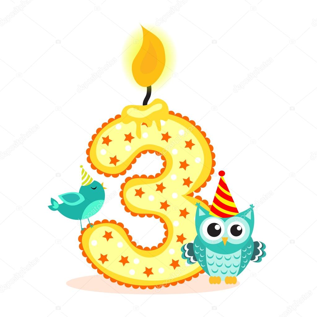 Happy Third Birthday Candle and Animals Isolated on white. The number three.  Vector illustration Stock Vector by ©Amelie1 114467816, image size:1024x1024