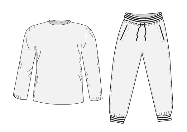 Giacca e pantaloni della tuta. Tuta, bozzetto pronto. Cose nello stile del disegno a mano. Abbigliamento sportivo. Tuta sportiva da burattino. Illustrazione vettoriale — Vettoriale Stock