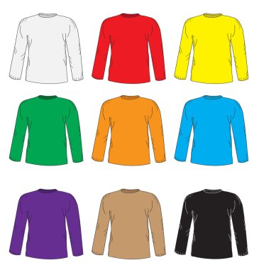 Erkek t gömlek şablon kümesi tasarlayın. Çok renkli T-shirt uzun kollu. El çizim stili. mockup gömlek. Vektör çizim