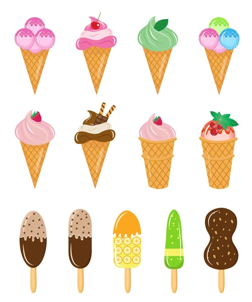 Set of different ice cream, ice cream on a stick, in a cup, cone, chocolate. Collection of ice cream. Vector illustration — Stock Vector