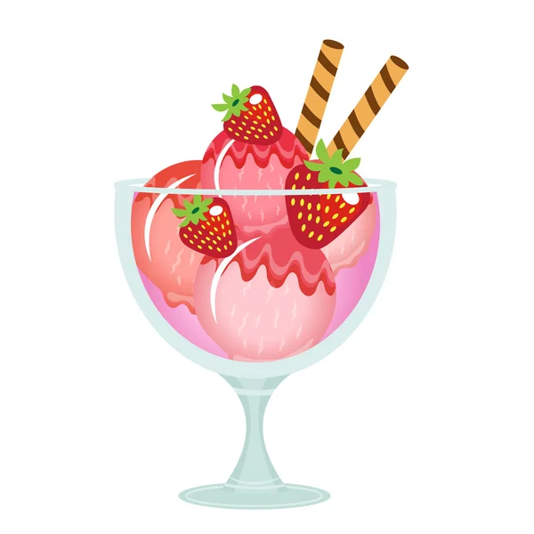 Sobremesa de sorvete em um copo de vidro. Cocktail de leite com sabor a morango. Ilustração vetorial . — Vetor de Stock