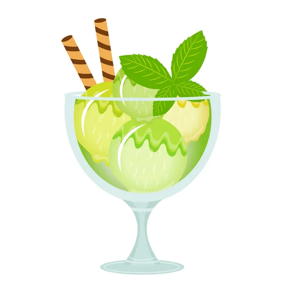 Dessert van het ijs in een beker glas. Milk shake met mint smaak. Vectorillustratie. — Stockvector