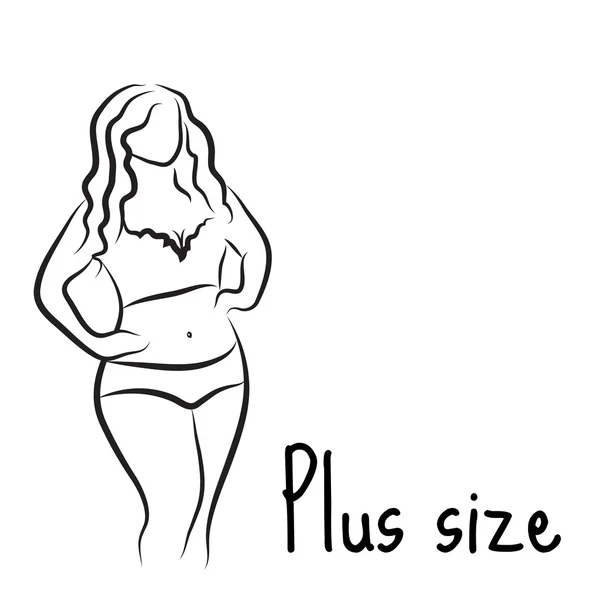 Boceto de mujer modelo de talla grande. Estilo de dibujo a mano. Logo de moda con sobrepeso. Diseño curvilíneo icono del cuerpo. Ilustración vectorial — Vector de stock