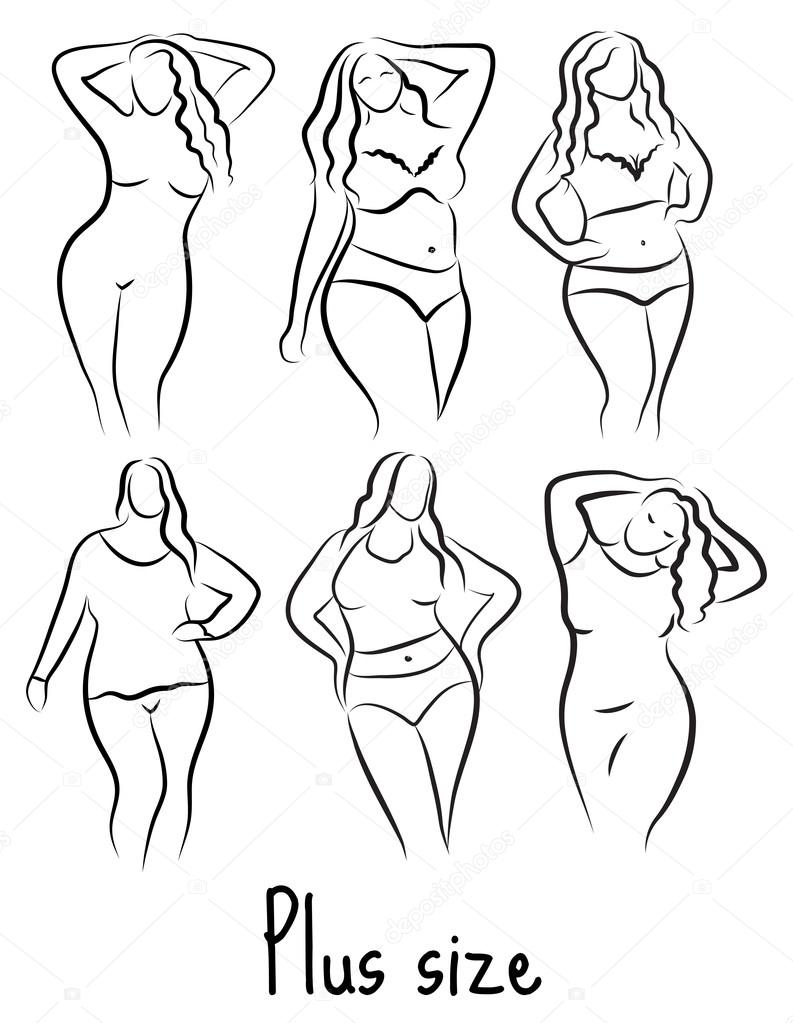 Plus size model woman sketch. Hand drawing style. Fashion logo with overweight. Curvy body icon design. Vector illustration