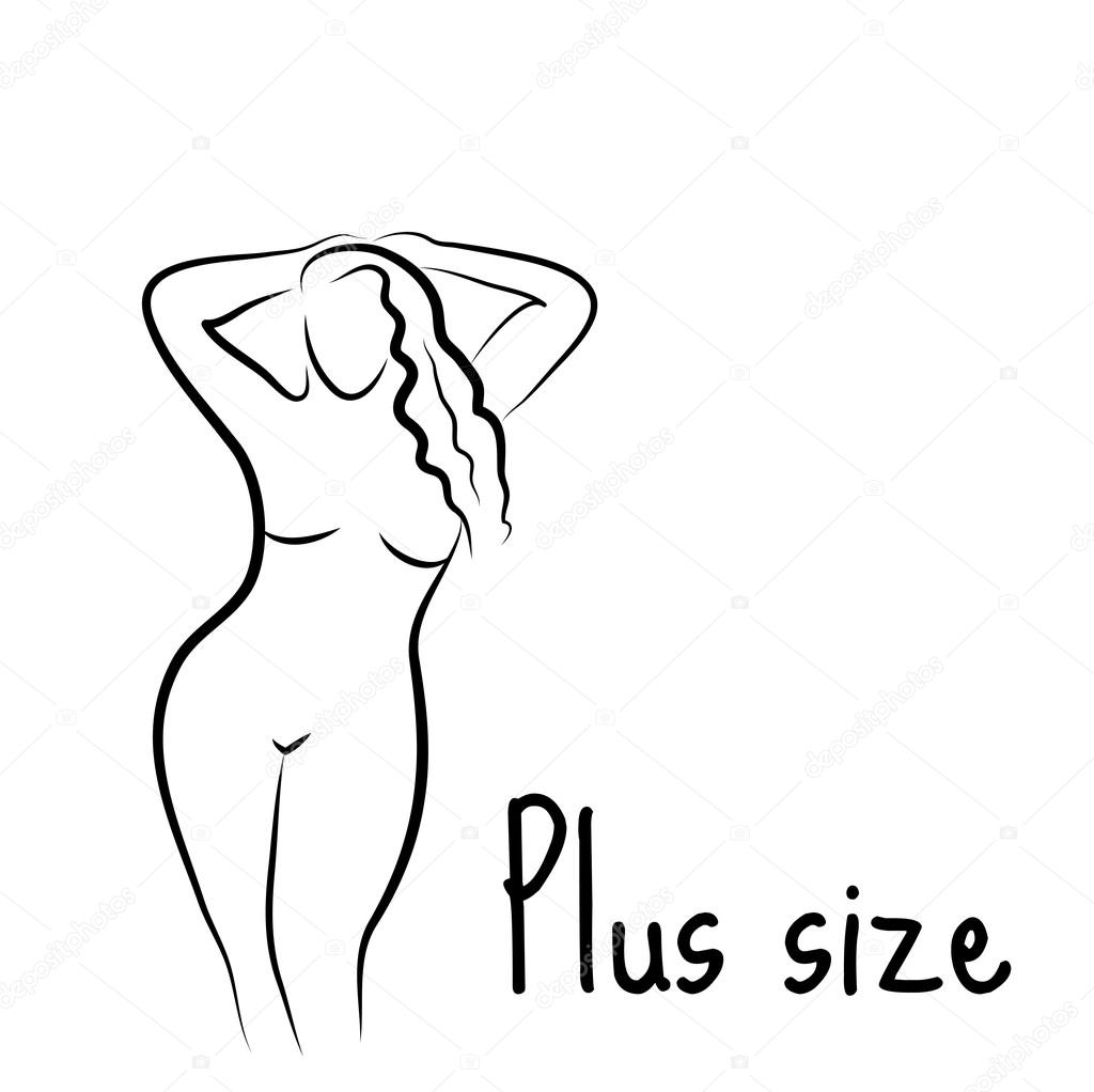 Plus size model woman sketch. Hand drawing style. Fashion logo with overweight. Curvy body icon design. Vector illustration