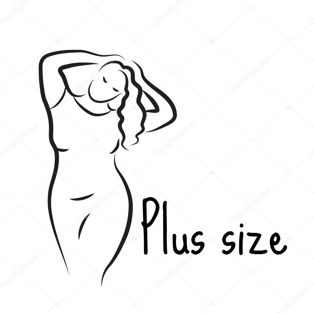 Plus size model woman sketch. Hand drawing style. Fashion logo with overweight. Curvy body icon design. Vector illustration