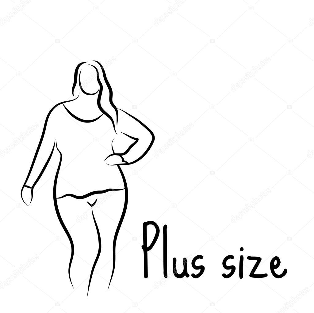 Plus size model woman sketch. Hand drawing style. Fashion logo with overweight. Curvy body icon design. Vector illustration