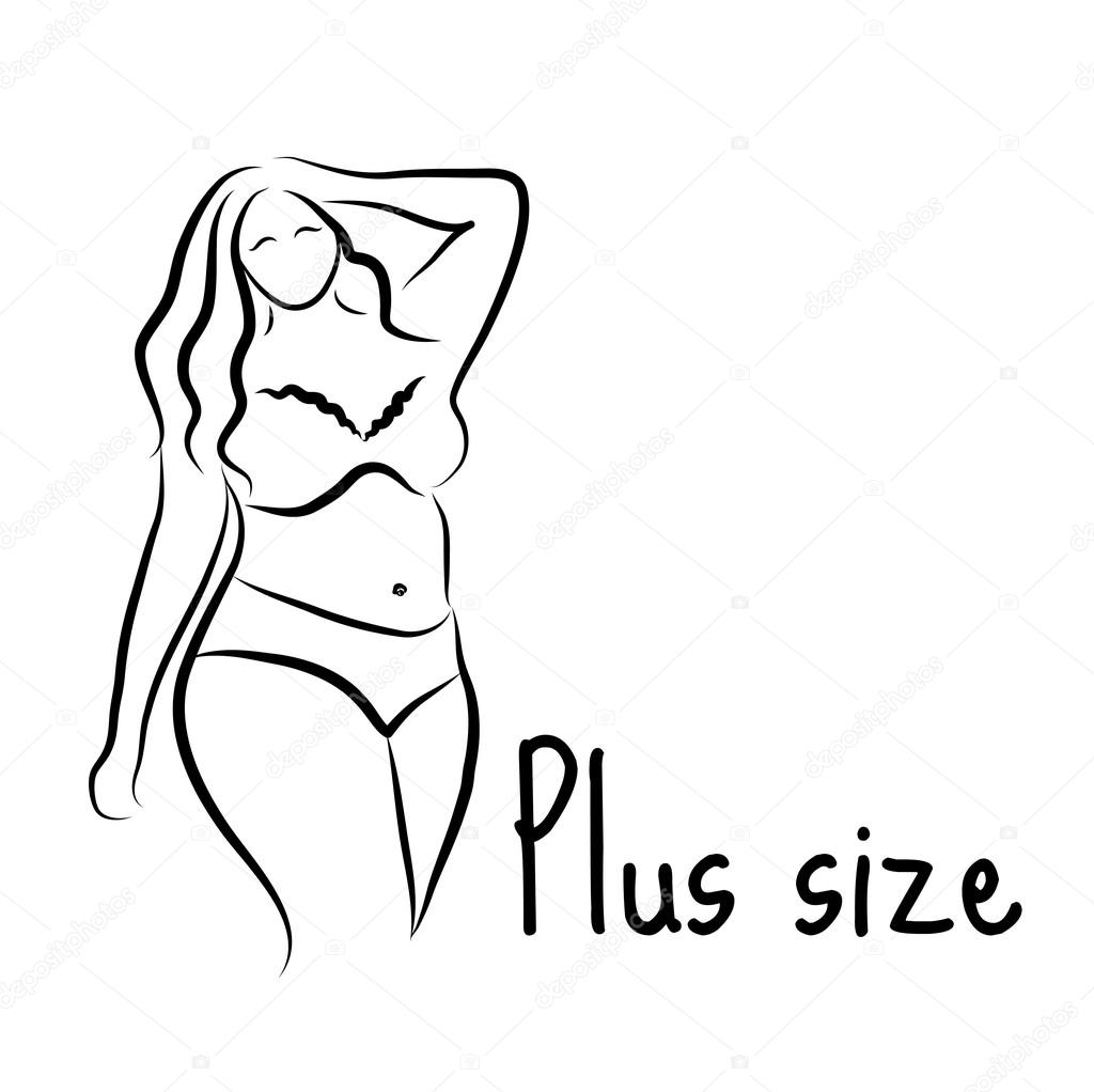 Plus size model woman sketch. Hand drawing style. Fashion logo with overweight. Curvy body icon design. Vector illustration
