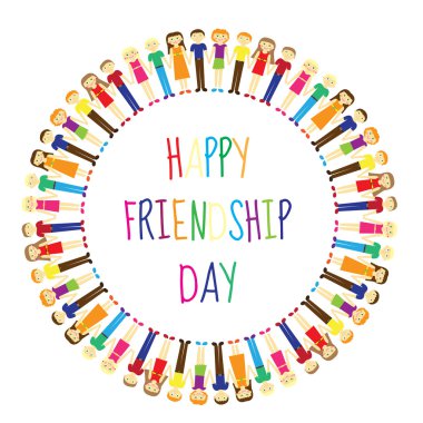 Mutlu bir arkadaşlık günü için tebrik kartı. Tebrik kartı insanları el ele tutuşup daire oluşturuyorlar. Vektör illüstrasyonu