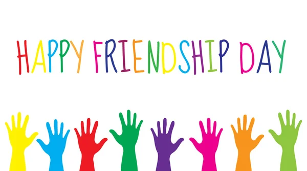 Grußkarte mit einem glücklichen Tag der Freundschaft. Grußkarte bunte Hände. Vektorillustration — Stockvektor