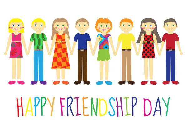 Tarjeta de felicitación con un feliz día de amistad. Tarjeta de felicitación niños lindos, dibujos animados tomados de la mano. Ilustración vectorial — Vector de stock