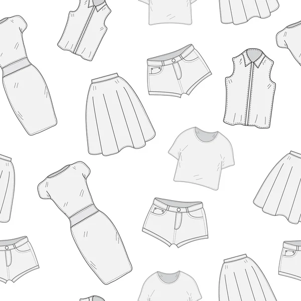 Roupas Femininas sem costura esboço padrão. Roupas, desenho à mão, estilo doodle. Vestuário, fundo. Roupas femininas vetor ilustração . —  Vetores de Stock