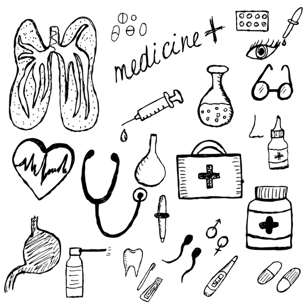 Esquisse médicale, dessin à la main. Icônes de médecine. Illustration vectorielle — Image vectorielle