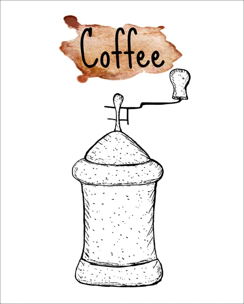 Coffee grinder sketch. The inscription of coffee on watercolor background. Vector illustration — Stock Vector