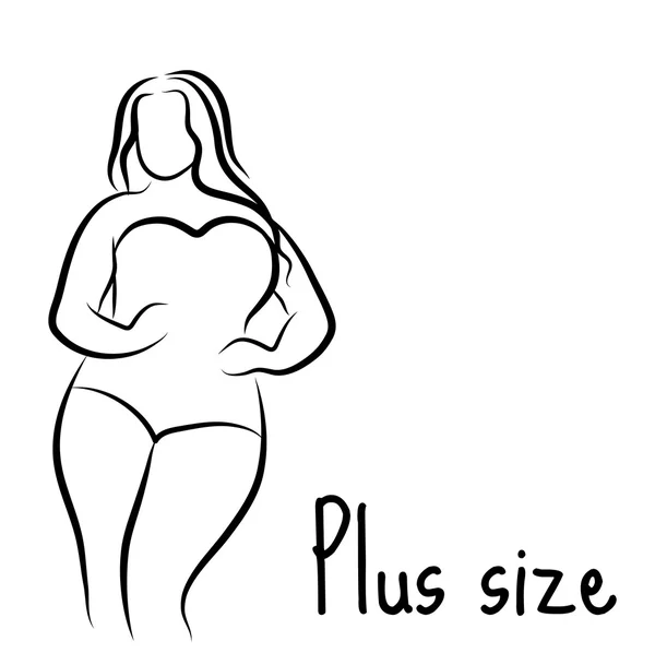 Menina esboço silhueta plus size model. Símbolo de mulher curvilínea. Ilustração vetorial — Vetor de Stock