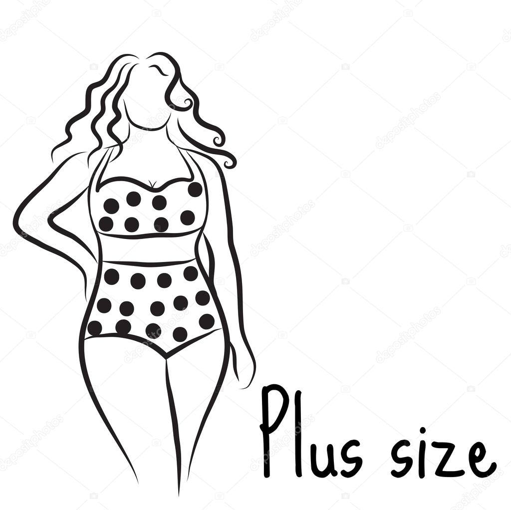 Girl silhouette sketch plus size model. Curvy woman symbol. Vector illustration