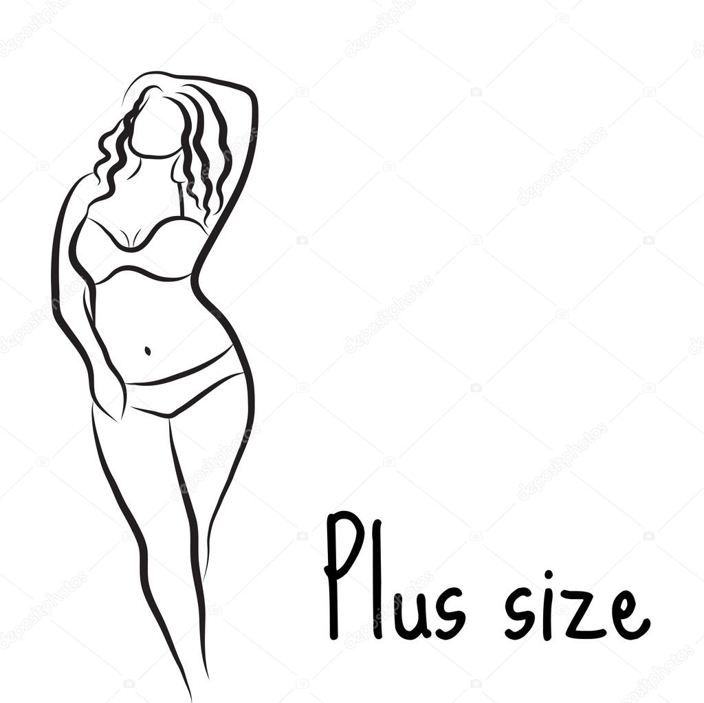 Girl silhouette sketch plus size model. Curvy woman symbol. Vector illustration