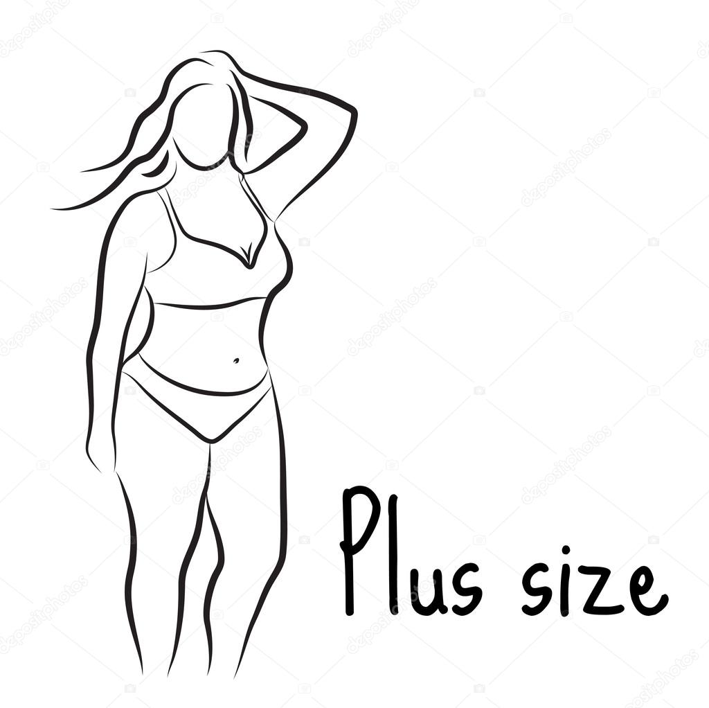 Girl silhouette sketch plus size model. Curvy woman symbol. Vector illustration