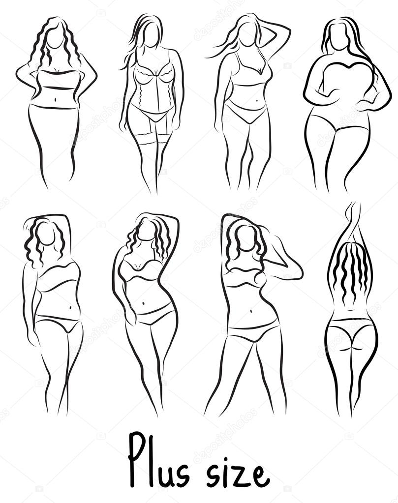Set Girl silhouette sketch plus size model. Curvy woman symbol. Vector illustration