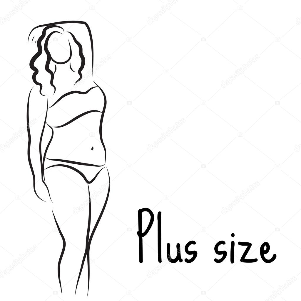 Girl silhouette sketch plus size model. Curvy woman symbol. Vector illustration