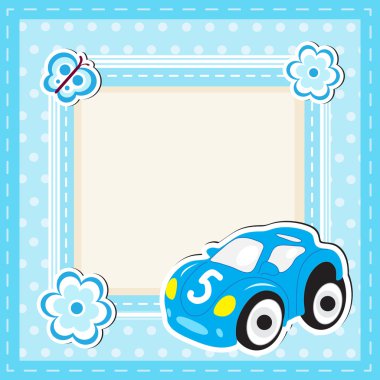 Çocuk oyuncak araba tebrik kartı. Metin için alan içeren tebrik kartı. Çocuklar çerçeve. Vektör çizimi.