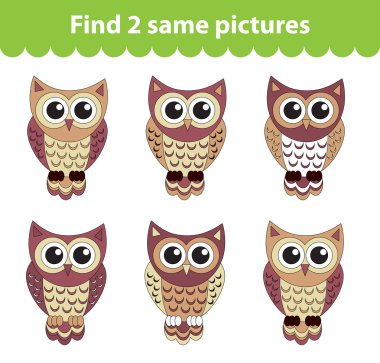Çocuk eğitim oyunu. İki aynı resim bul. Oyun için baykuş seti iki aynı resimleri bulabilirsiniz. Vektör çizimi.