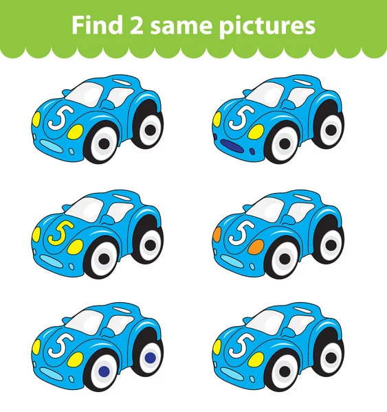 Jogo educativo infantil. Encontre duas mesmas fotos. Conjunto de carro brinquedo para o jogo encontrar duas mesmas fotos. Ilustração vetorial . — Vetor de Stock