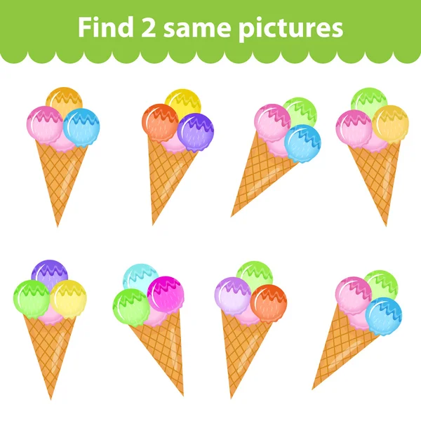 Dětská vzdělávací hra. Najít dva stejné obrázky. Sada zmrzliny pro hru vyhledá dva stejné obrázky. Vektorová ilustrace. — Stockový vektor