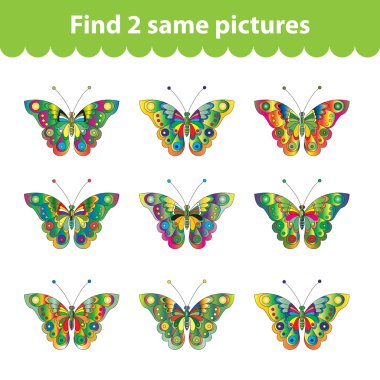 Çocuk eğitim oyunu. İki aynı resimleri bulun. Kelebekler için oyun bulmak iki aynı resim kümesi. Vektör çizim.