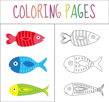 Boyama kitabı sayfası. Balık ayarlayın. Kroki ve renk sürümü. Çocuklar için boyama. Vektör çizim