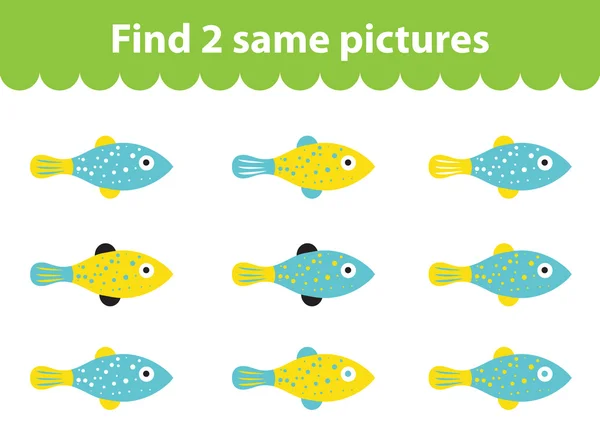 Pedagogiska spel för barn. Hitta två samma bilder. Uppsättning av fisk för spelet hittar två samma bilder. Vektor illustration. — Stock vektor