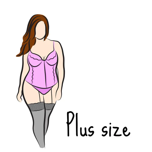 Mädchenskizze plus Größenmodell. kurvige Frau. Vektorillustration — Stockvektor