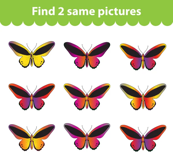 Gioco educativo per bambini. Trova due foto uguali. Set di farfalle per il gioco trovare due stesse immagini. Illustrazione vettoriale . — Vettoriale Stock