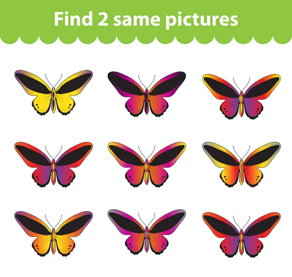 Juego educativo para niños. Encuentra dos fotos iguales. Conjunto de mariposas para el juego encontrar dos mismas imágenes. Ilustración vectorial . — Vector de stock