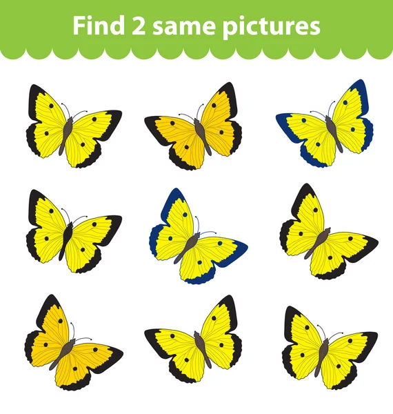 Juego educativo para niños. Encuentra dos fotos iguales. Conjunto de mariposas para el juego encontrar dos mismas imágenes. Ilustración vectorial . — Vector de stock