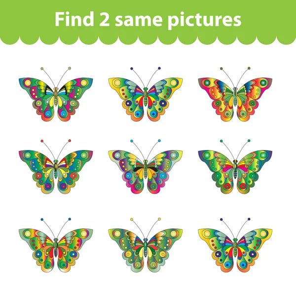 Juego educativo para niños. Encuentra dos fotos iguales. Conjunto de mariposas para el juego encontrar dos mismas imágenes. Ilustración vectorial . — Vector de stock