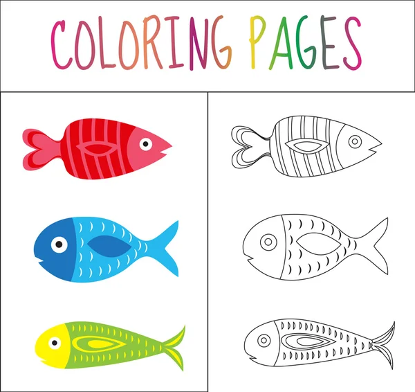 Coloring book page. Set fish. Sketch and color version. Coloring for kids. Vector illustration — Stock Vector