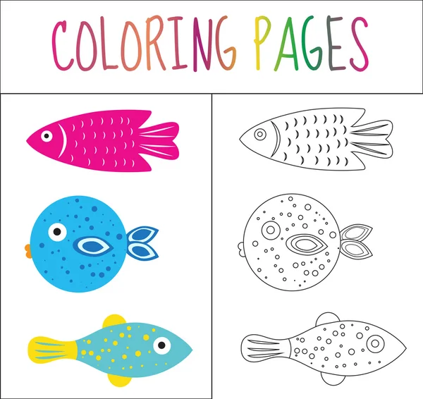 Malbuchseite. Fische setzen. Skizze und Farbversion. Färbung für Kinder. Vektorillustration — Stockvektor