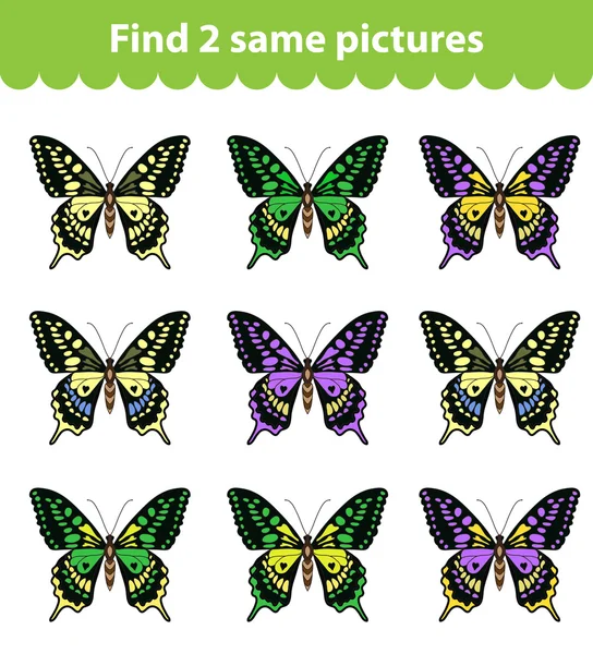 Pedagogiska spel för barn. Hitta två samma bilder. Uppsättning av fjärilar för spelet hittar två samma bilder. Vektor illustration. — Stock vektor